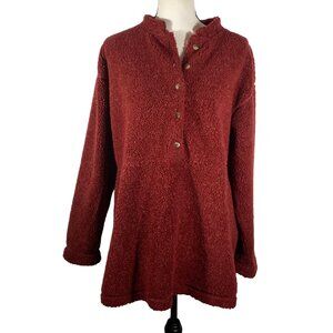 L.L.Bean Womens Red wine Henley Button-Up Sherpa Fleece Pullover Sweatshirt  L